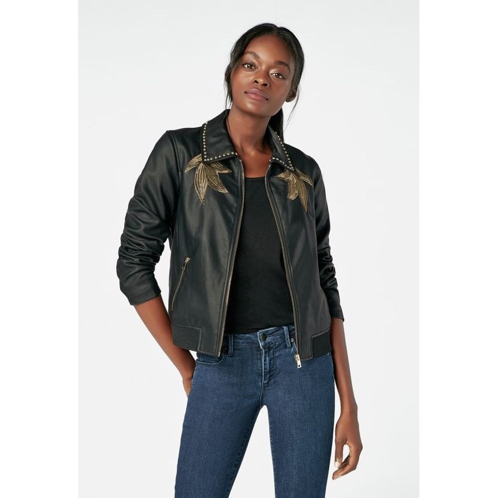 Justfab Black Embroidered Faux Leather Jacket-S